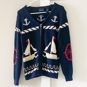 Vtg Crazy Horse Liz Clairborne Sailboat Nautical Cardigan Size S Grandmacore